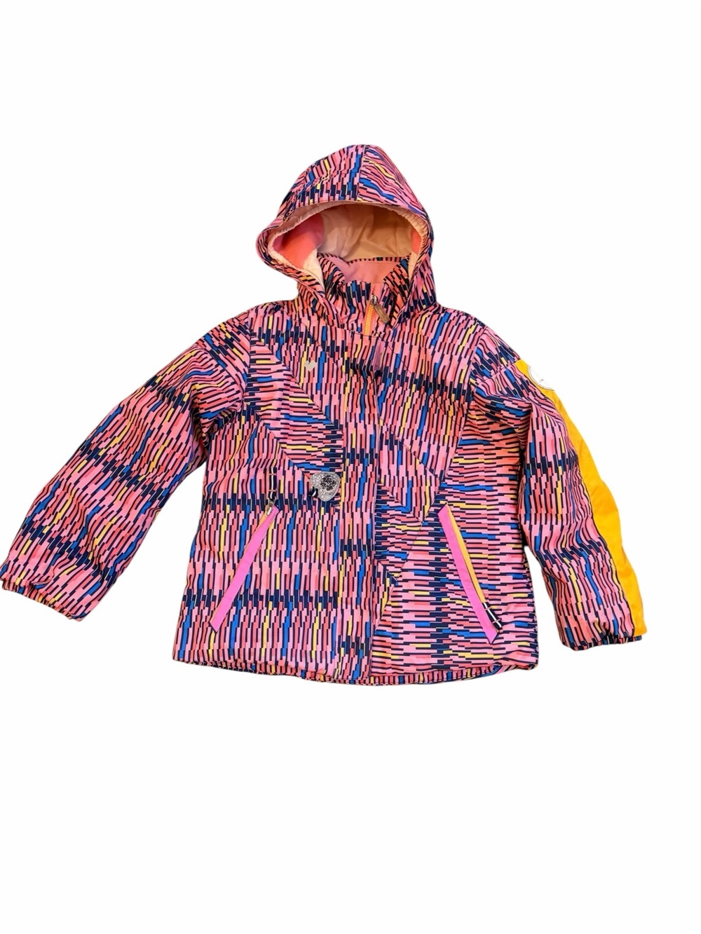 Obermeyer Pink Multi-Stripe Hooded Girls Ski Coat with I-Grow Intact Size 7